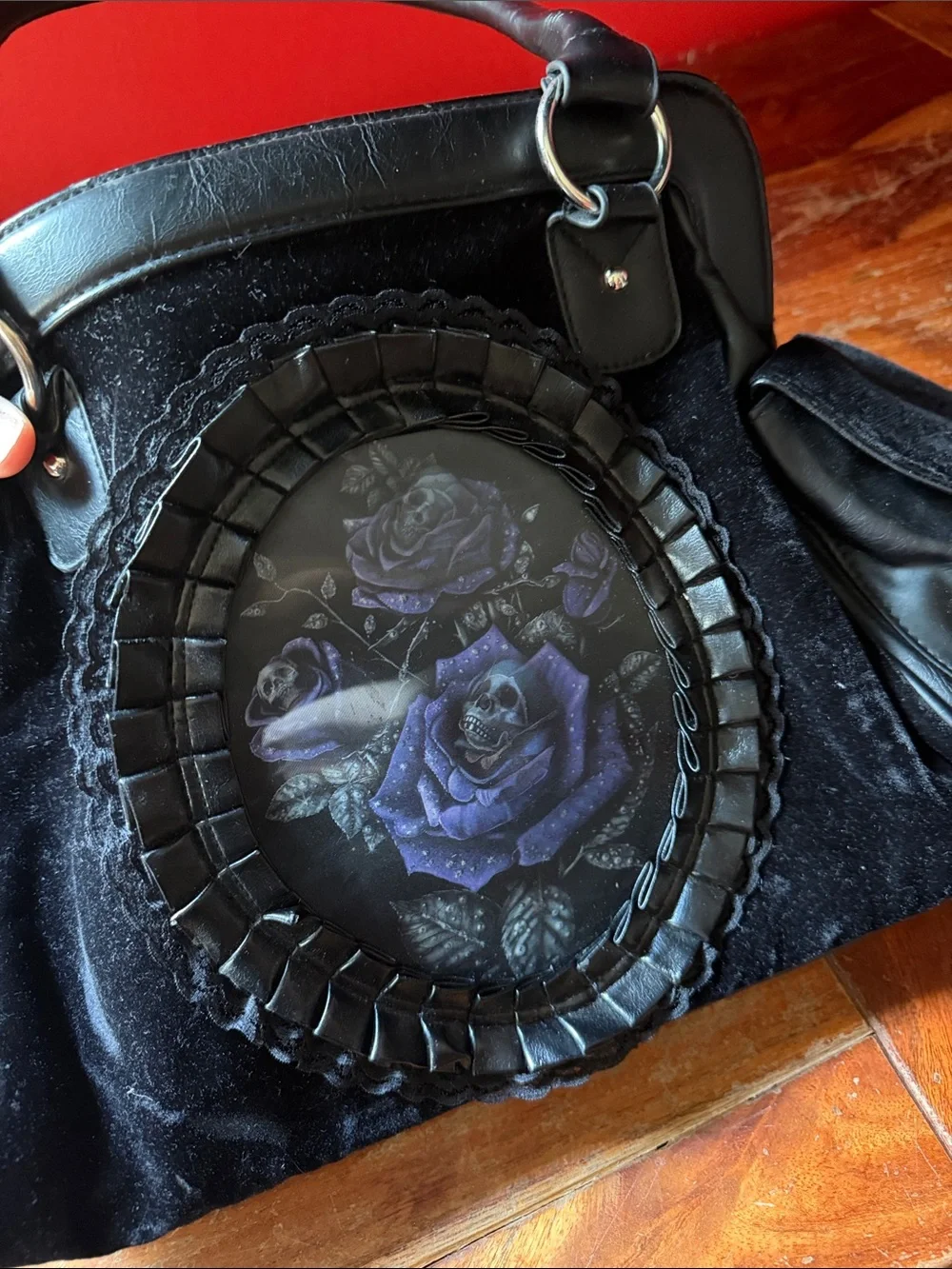 Black Velvet Tote Bag with Purple Rose Skull Motif